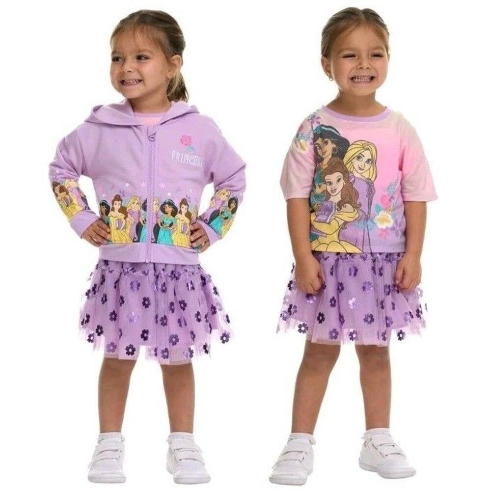 Disney Princess 3pc Tutu Set Embroidered Full Zip Hoodie, Tee, Tutu Skirt